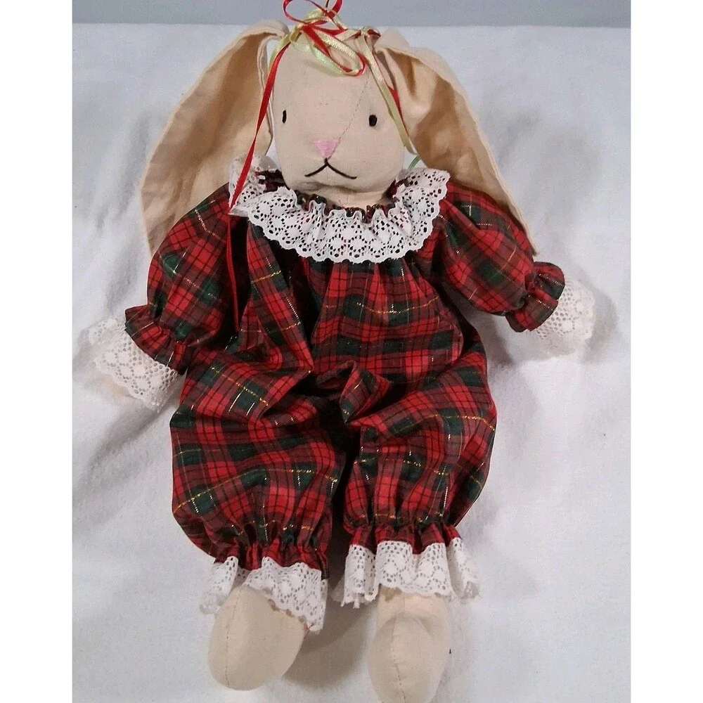 Vtg Christmas Bunny Rabbit Cloth Girl Doll Bunnies Holiday Decor 17